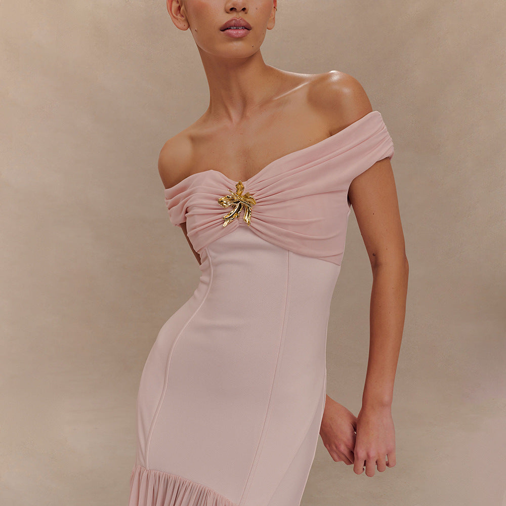 Off-Shoulder Ruched Brooch Drop-Waist Chiffon Maxi Gown 5