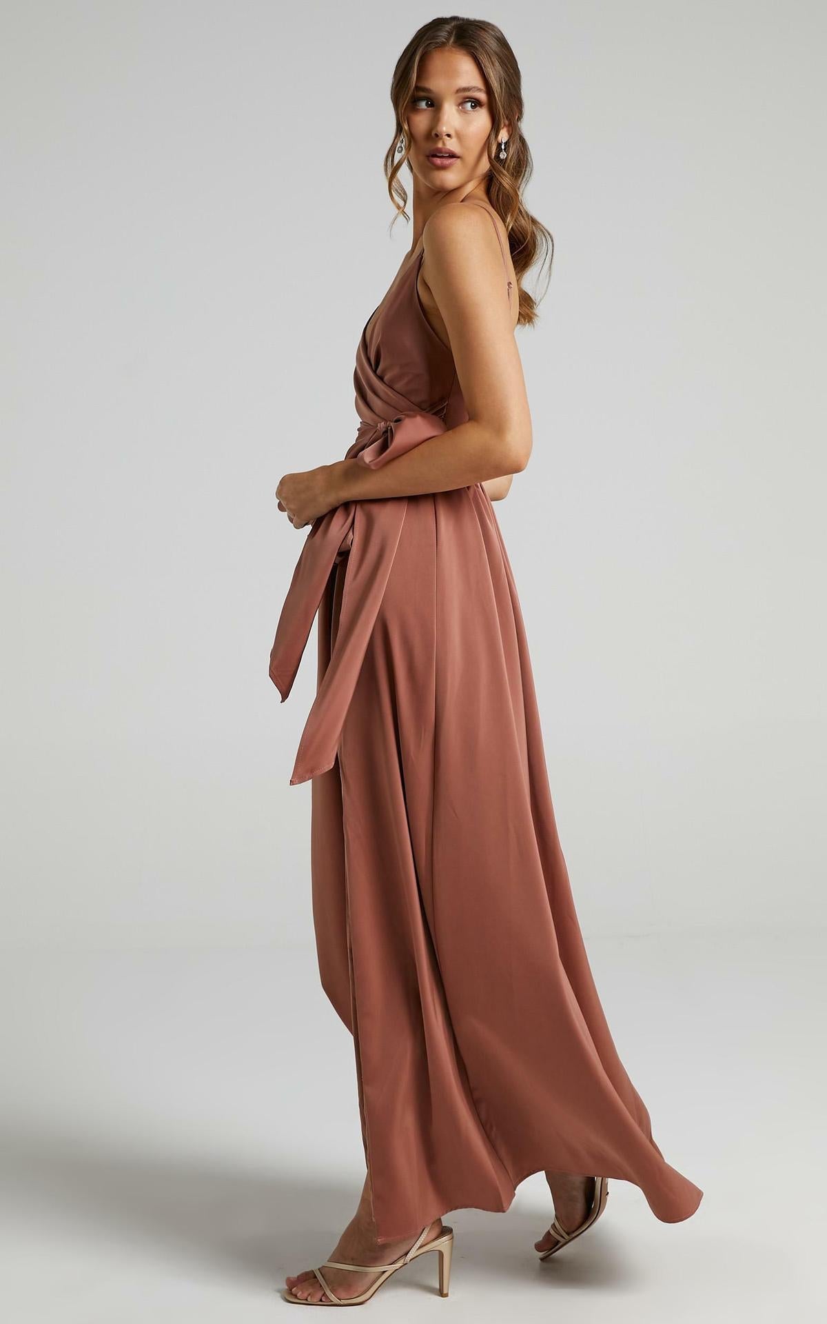 Satin V-Neck Spaghetti Strap Wrap Tie Maxi Dress 4