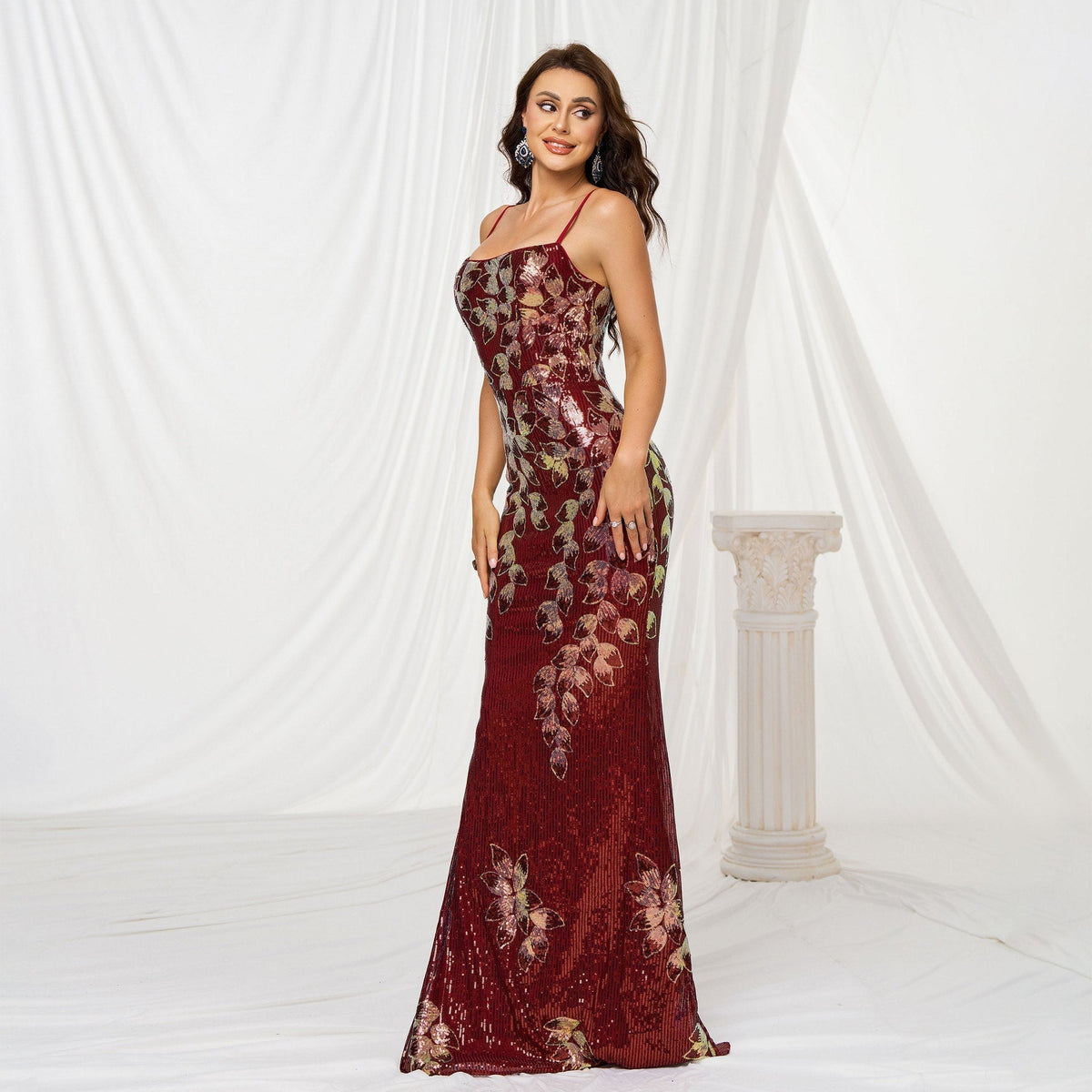 Sequin Floral Spaghetti Strap Square Neck Mermaid Evening Gown - View 4