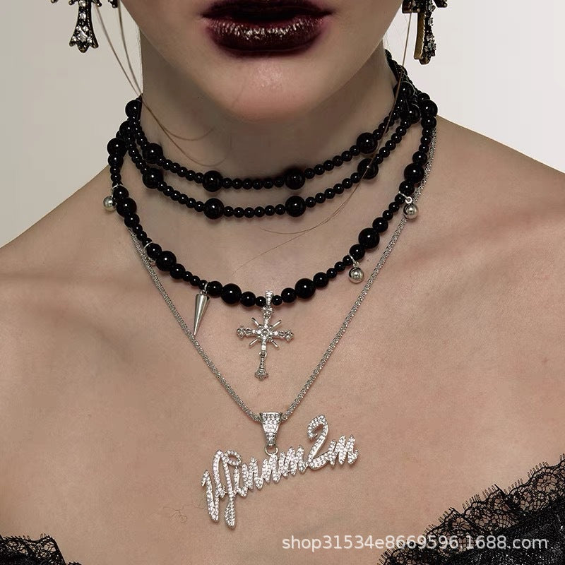Dark Gothic Cross Beaded Multi-Layer Necklace for Elegance