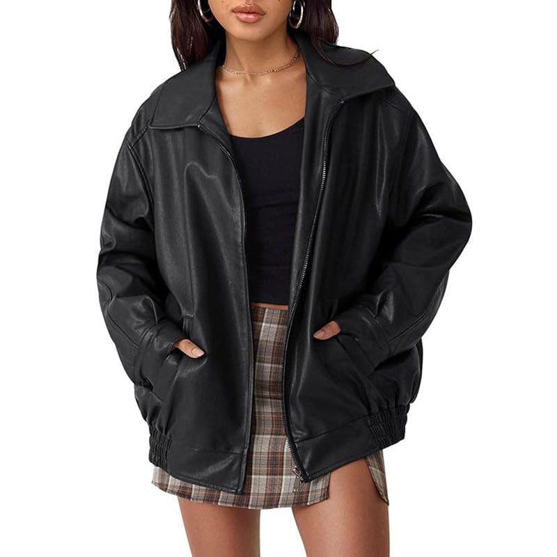 Faux Leather Collared Zip Front Oversized Bomber Jacket