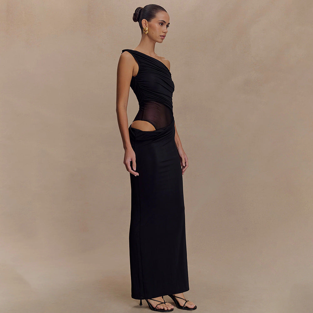 One-Shoulder Ruched Mesh-Cutout Column Maxi Gown 3