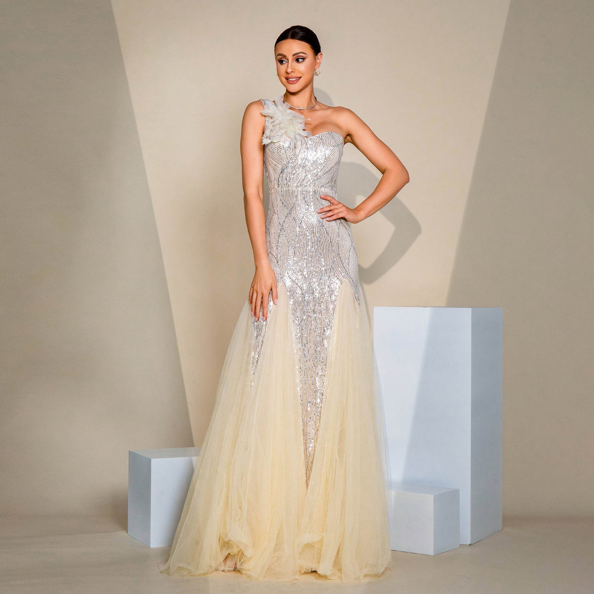 Sequin One Shoulder Floral Applique Tulle Maxi Gown