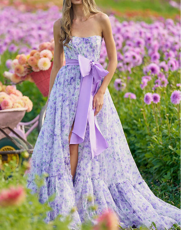Floral Ruffle V-Neck High Hem Prom Dress purple / S promdress-250223