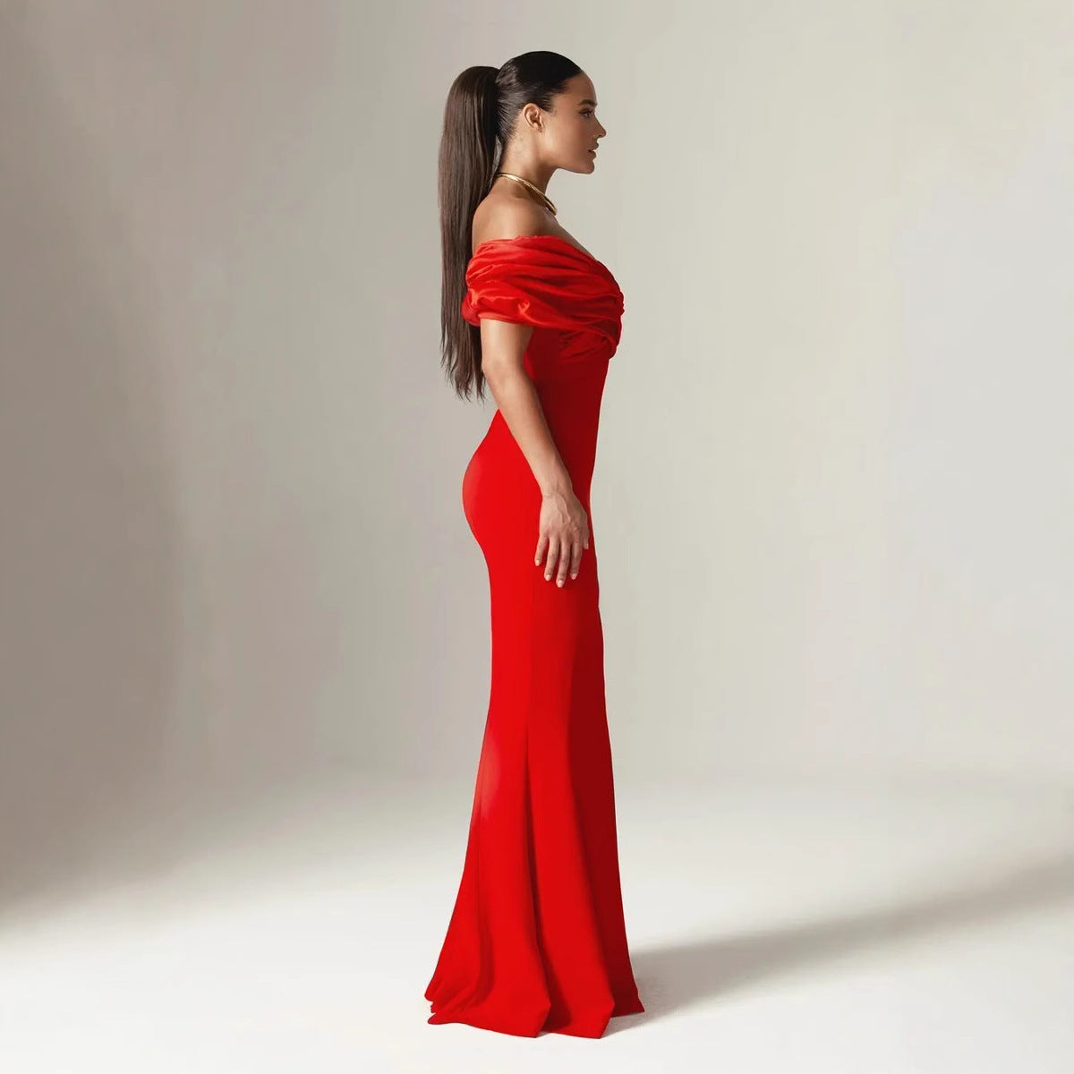 Off Shoulder Ruched Slit Satin Maxi Prom Dress