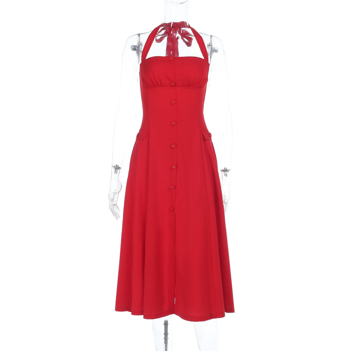 Halter Sweetheart Button-Front Flared Midi Dress 5