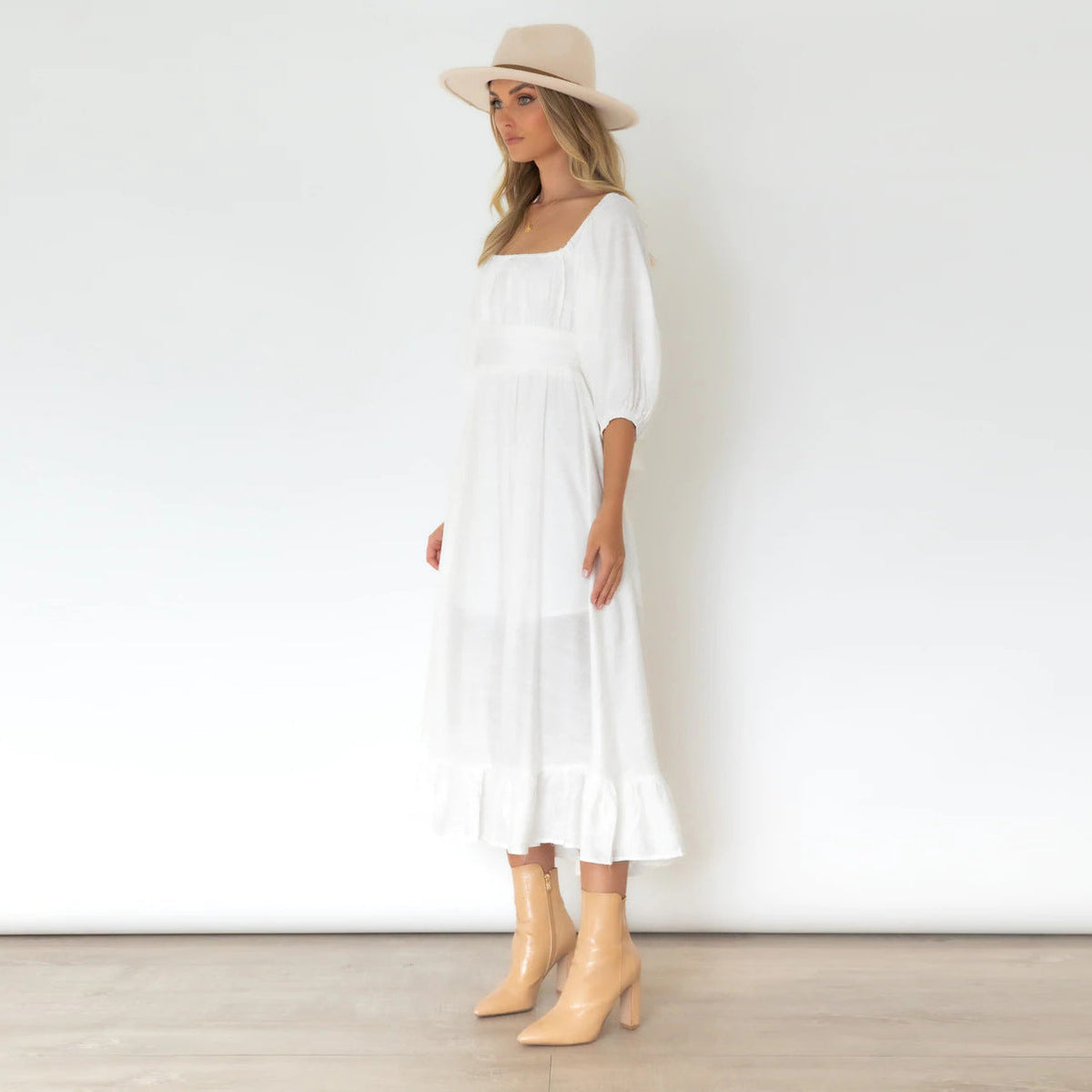Square Neck Puff Sleeve Empire Waist Midi Dress