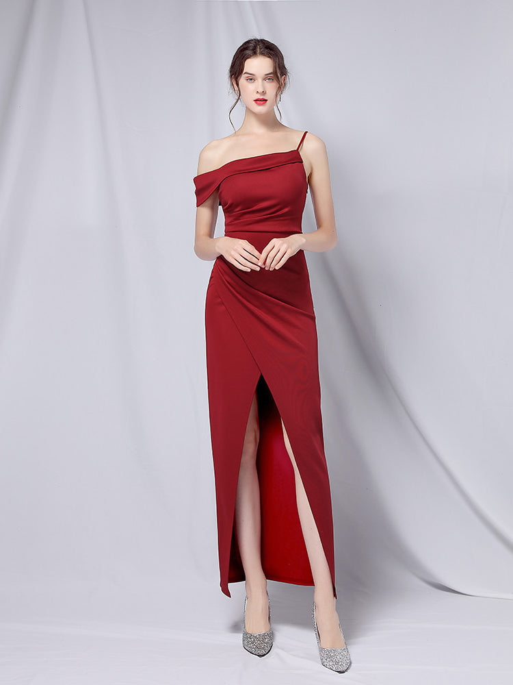 Satin One-Shoulder Ruched High-Slit Maxi Dress 5