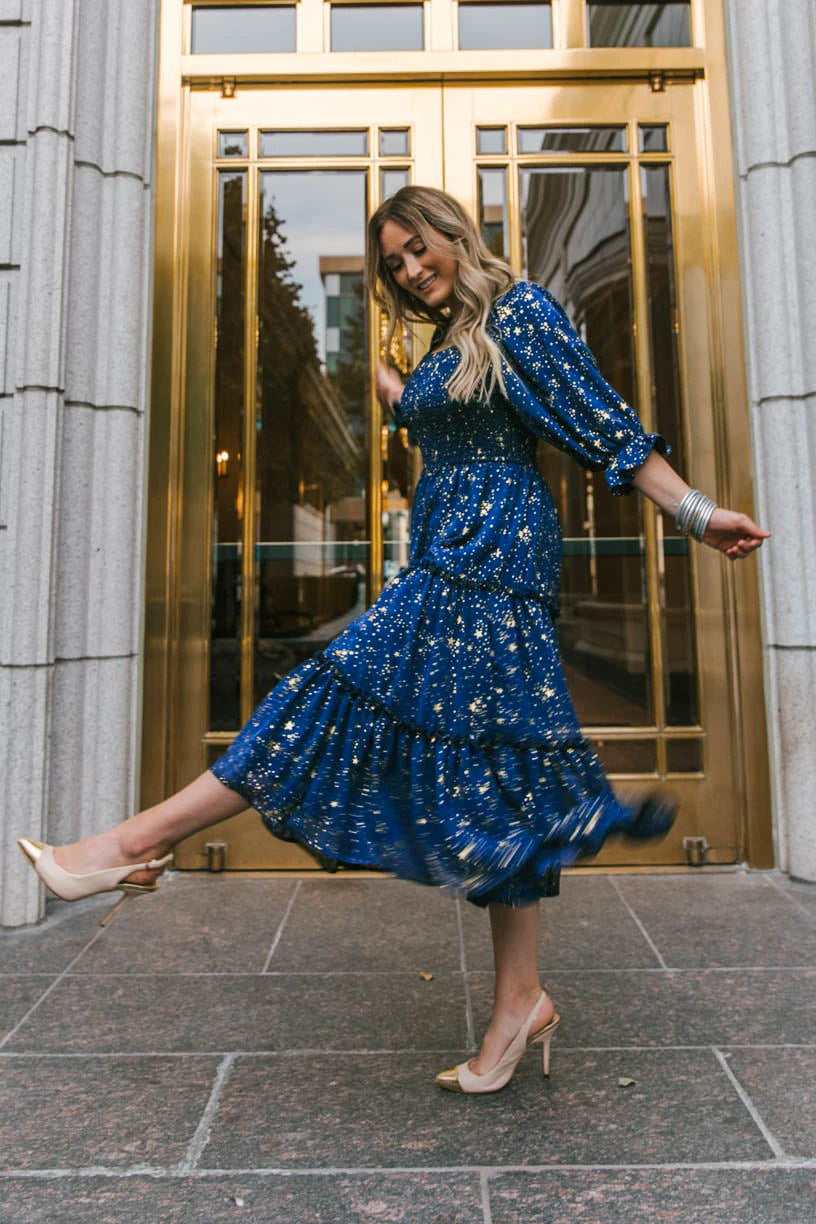 Star Print Square Neck Puff Sleeve Tiered Midi Dress