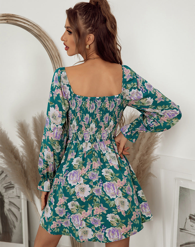 Floral Print Square Neck Long Sleeve Smocked Mini Dress