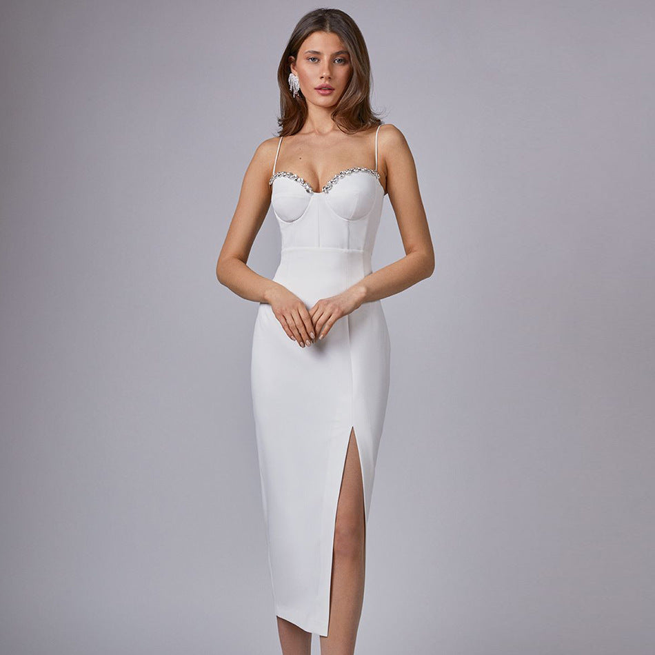 Sleeveless Mid-Waist White Solid Color Sling Simple Dress Metal Corsage Annual Party Evening Dress - Fashionpara