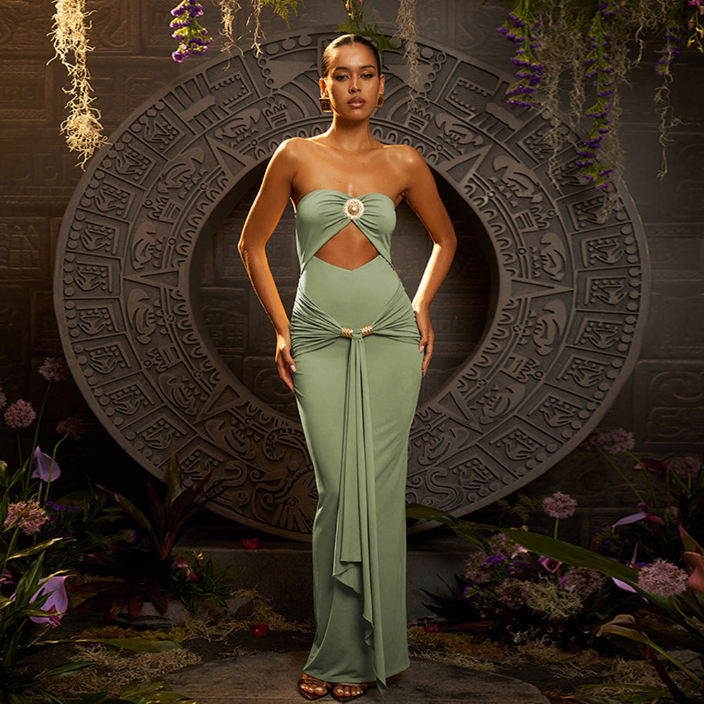 Strapless Cutout Embellished Draped Maxi Dress
