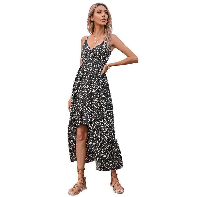 Floral Spaghetti Strap V-Neck Tiered High Split Midi Dress - View 3