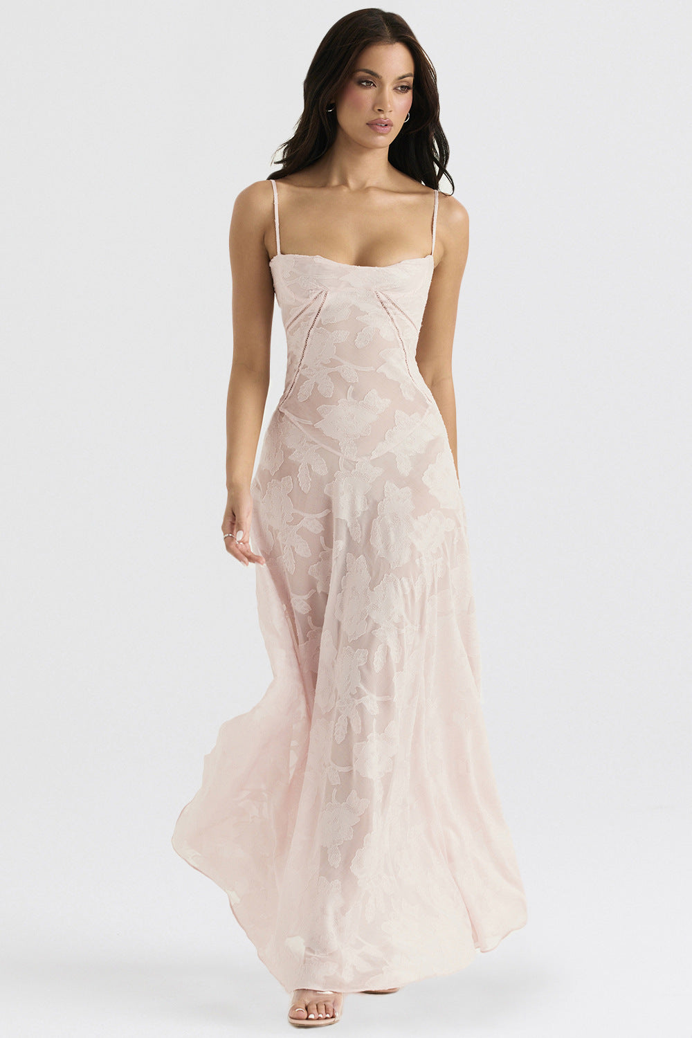 Floral Jacquard Cowl Neck Lace Up Slip Maxi Dress 8