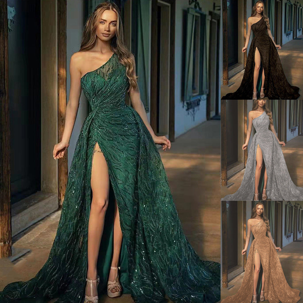 off-Shoulder Split Maxi Dress Toast Dress Sequin Sling Evening Dress - Fashionpara