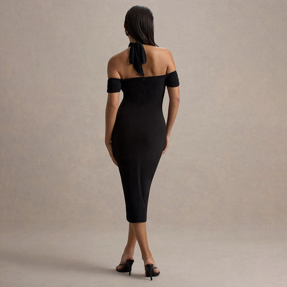 Off-Shoulder Halter Ring-Detail Cutout Bodycon Midi Dress 4