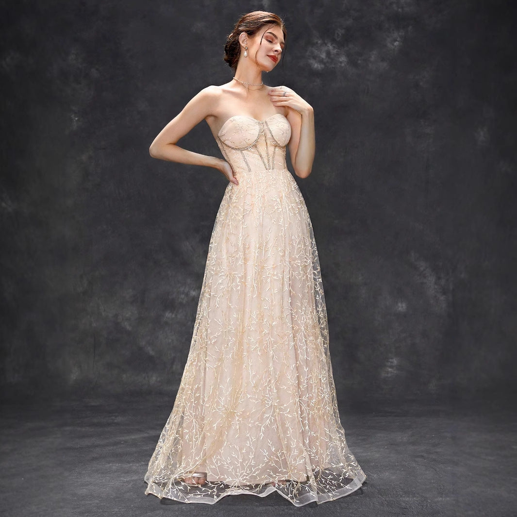 Strapless Sweetheart Corset Embroidered Tulle A-Line Maxi Dress