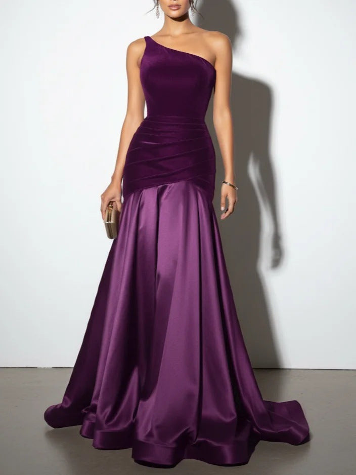 Velvet One Shoulder Ruched Satin Mermaid Gown 5