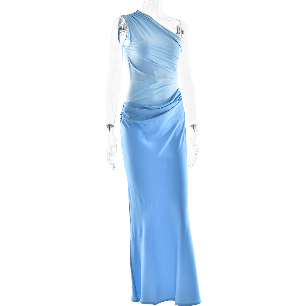 One-Shoulder Ruched Satin Bias Column Maxi Dress 10