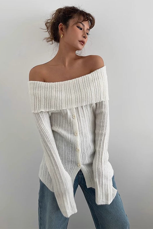 Off Shoulder Ruched Sweater with Buttoned Front Detail
