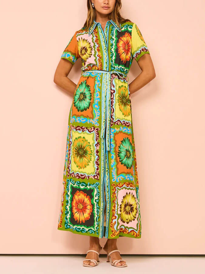 Floral Collared Short Sleeve Belted Shirt Maxi Dress
