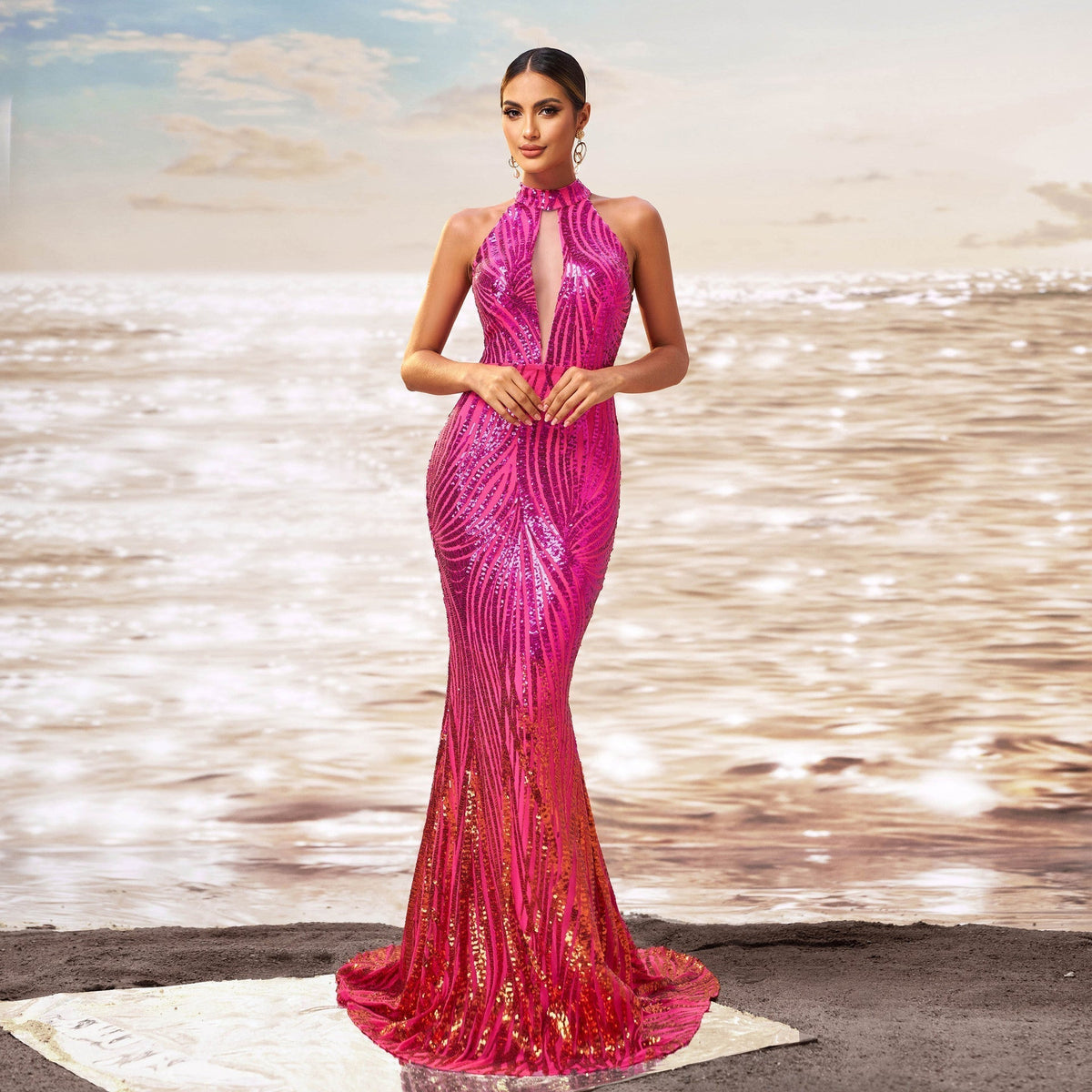 Sequin Halter Neck Keyhole Cut Out Mermaid Flared Hem Formal Gown - View 2