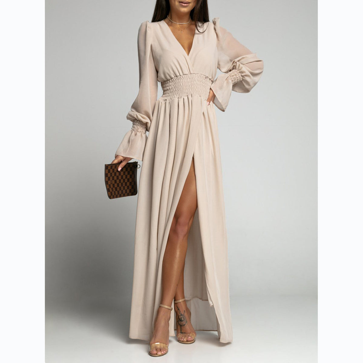 Chiffon Deep V-Neck Puff Sleeve Bell Cuff Smocked Maxi Dress - View 2