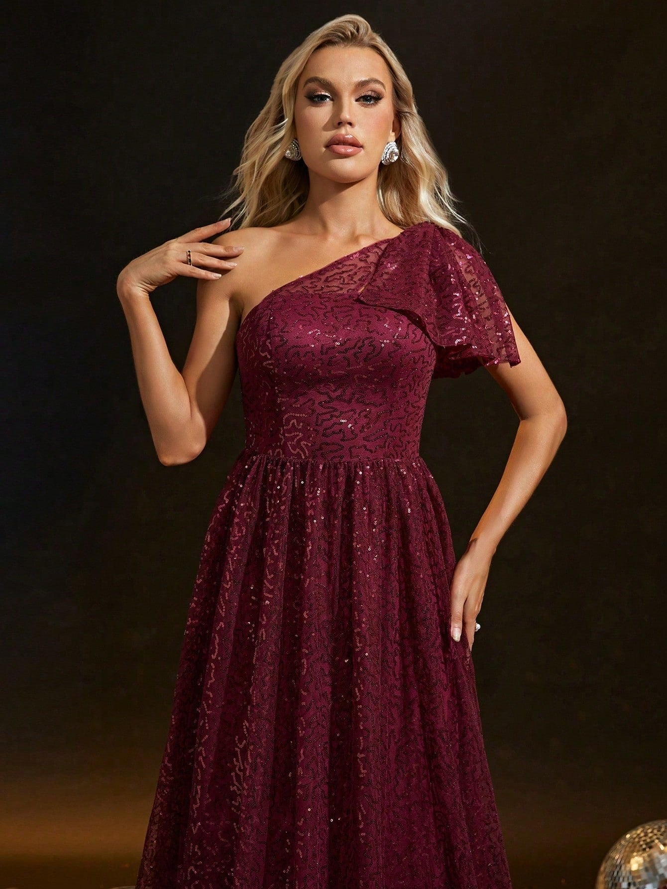 Sequined One Shoulder Evening Dress Bride Wine Red Toast Dress Adult Ceremony Party Dress Slim Fit Annual Party Evening - Fashionpara