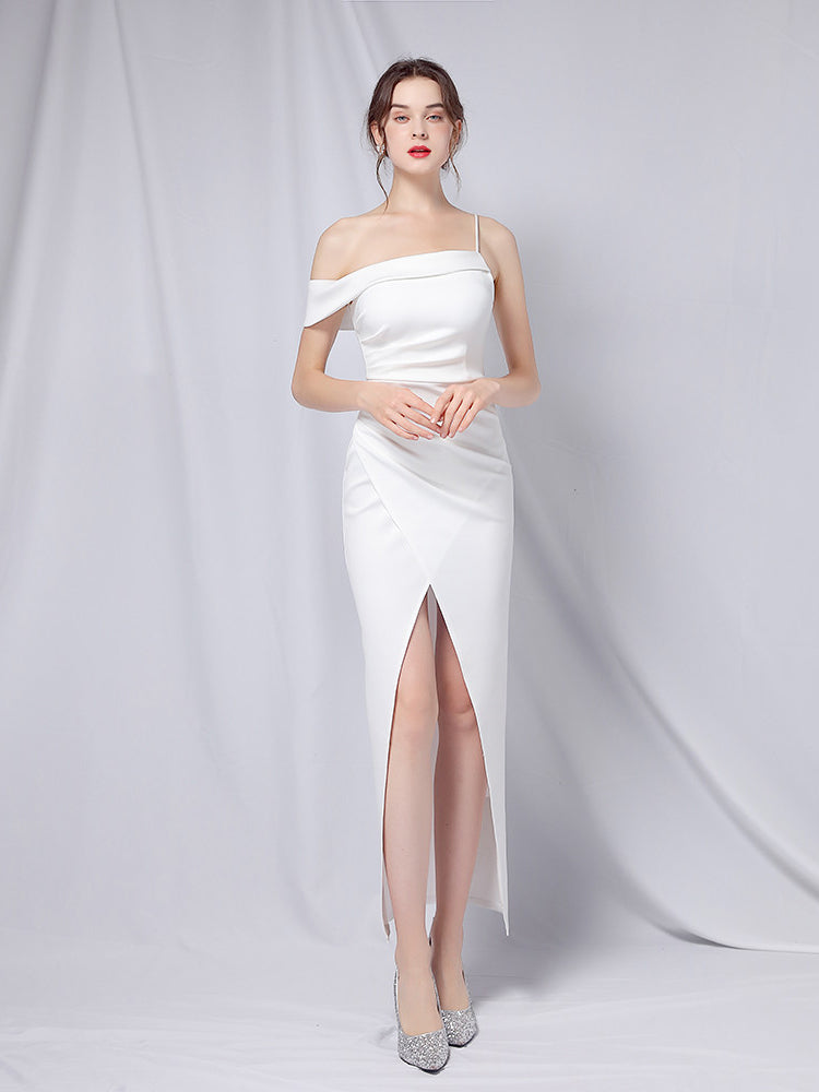 Satin One-Shoulder Ruched High-Slit Maxi Dress 8