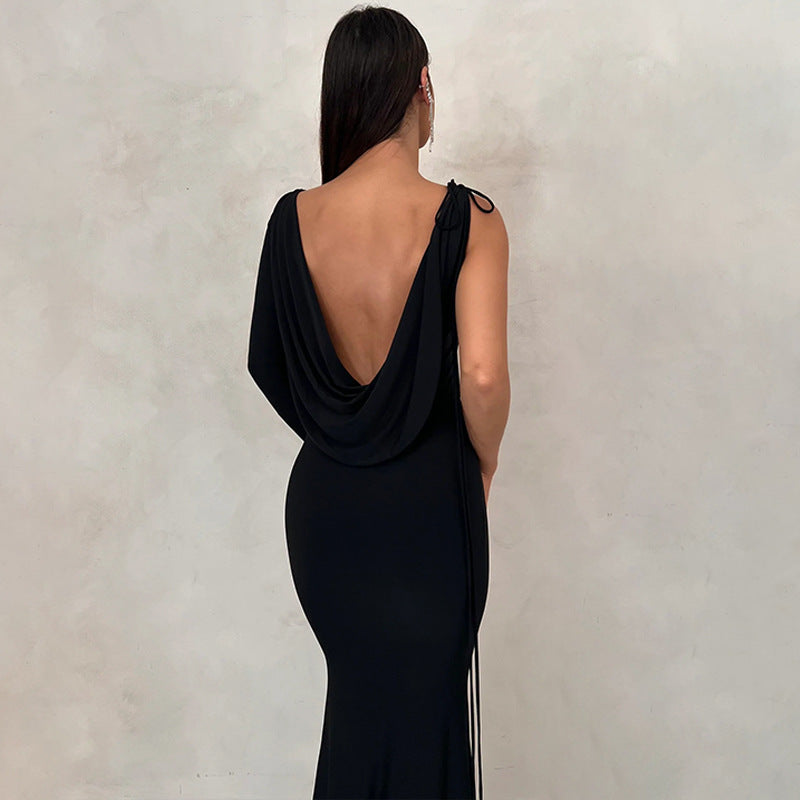 Cowl Neck One Shoulder Backless Draped Maxi Dress 4