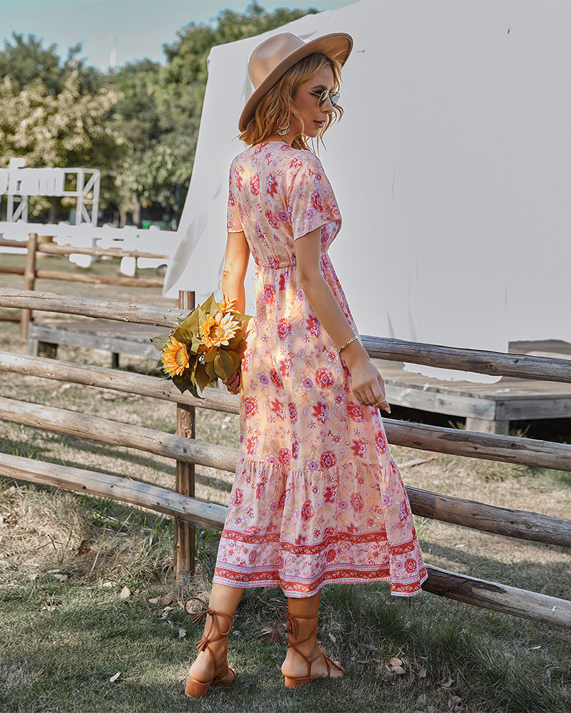 Floral Print V-Neck Flutter Sleeve Tiered Midi Dress