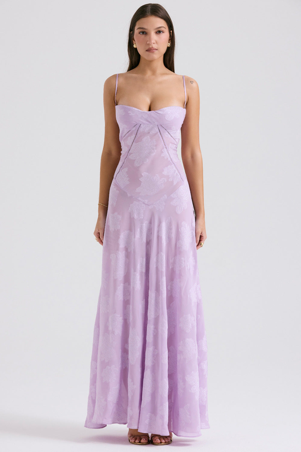 Floral Jacquard Cowl Neck Lace Up Slip Maxi Dress 9