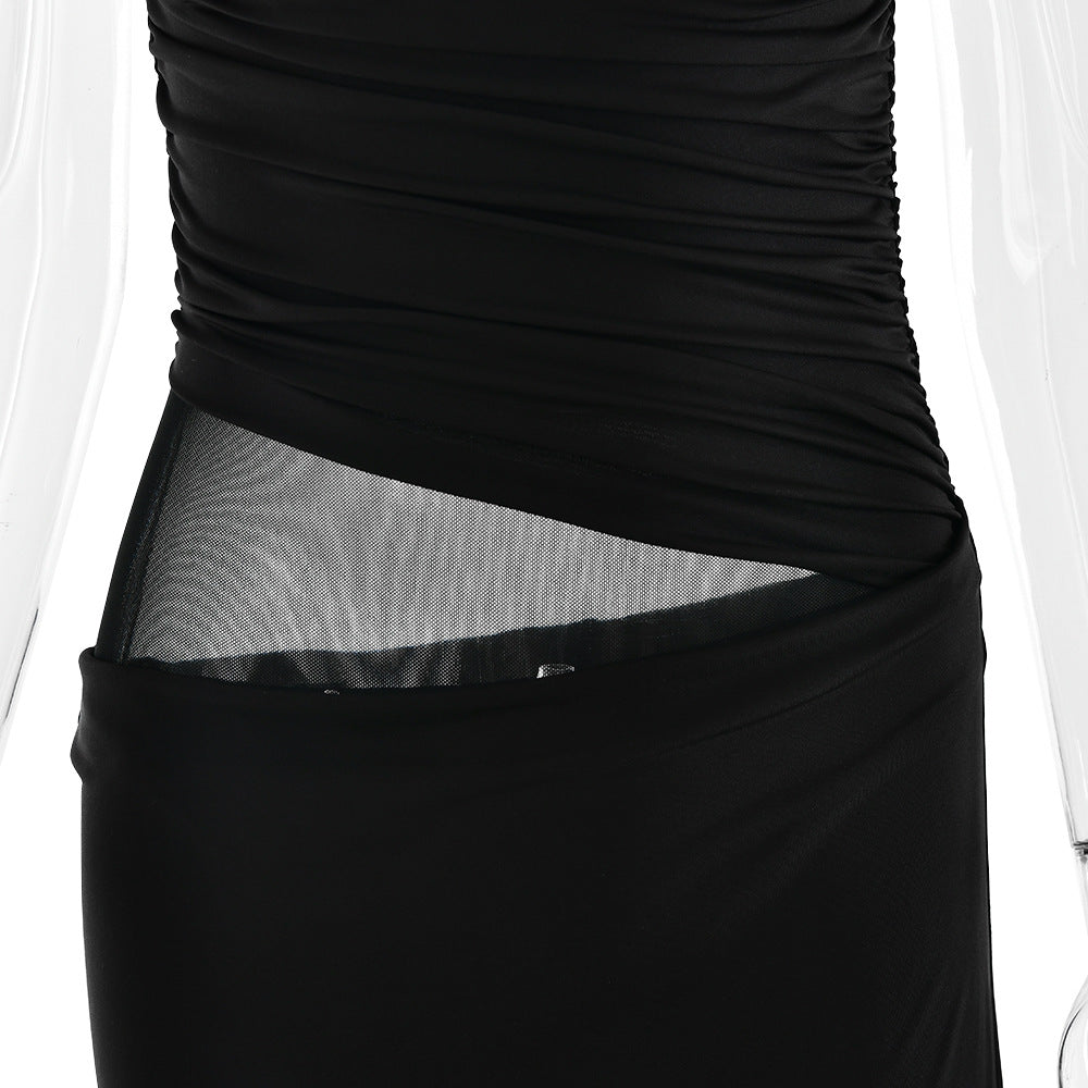 One-Shoulder Ruched Mesh-Cutout Column Maxi Gown 11