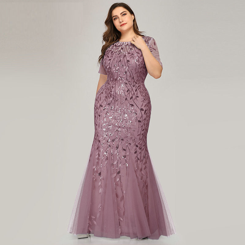 Sequin Round Neck Short Sleeve Mermaid Maxi Gown