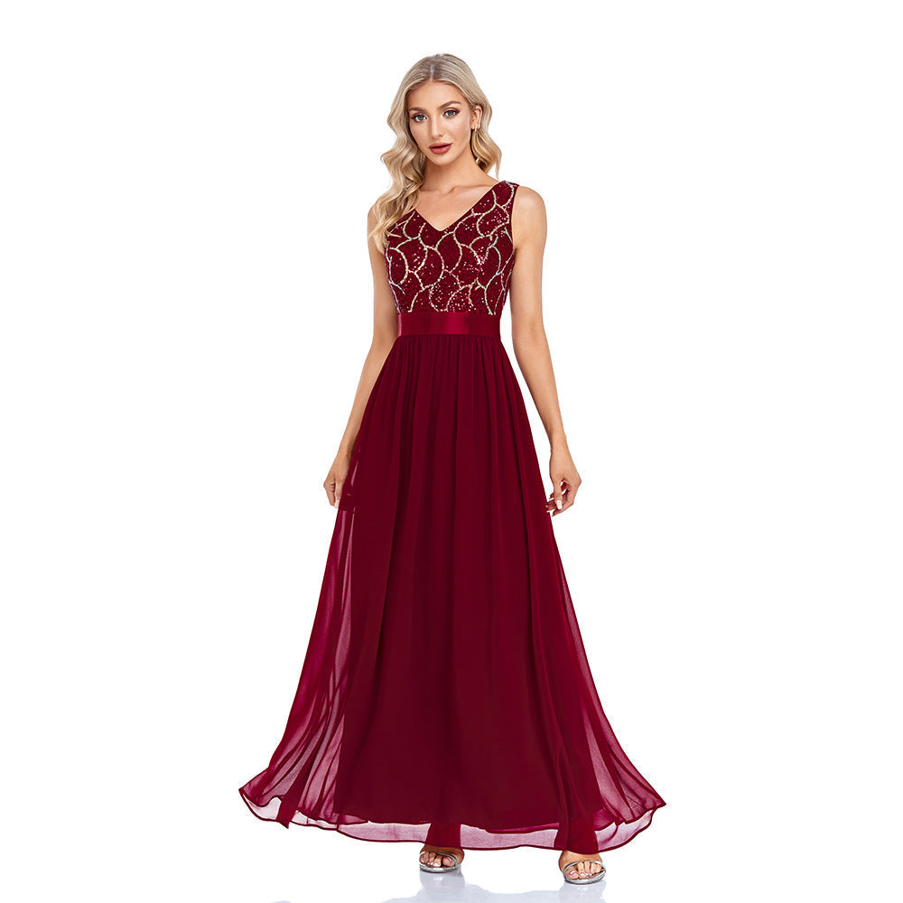Sequin V-Neck Sleeveless Chiffon A-Line Maxi Gown - View 6