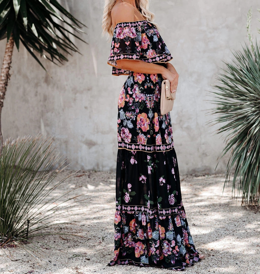 Floral Print Off Shoulder Tiered Maxi Dress