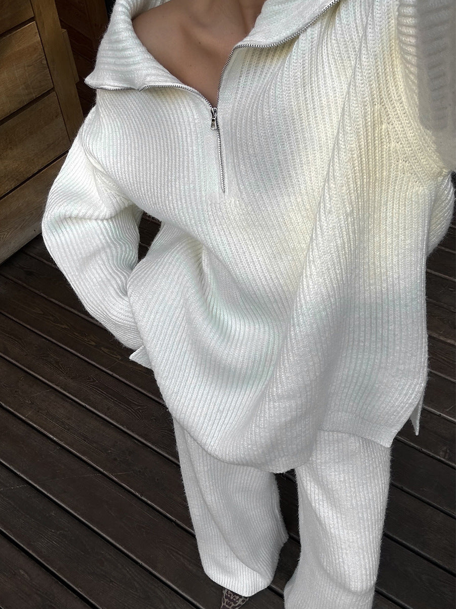 Cozy Lapel half-zip long-sleeved knit top and wide-leg pants set