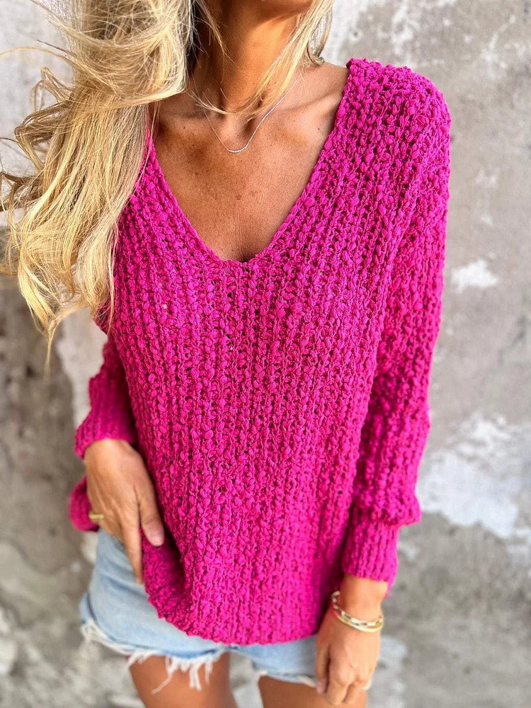 Chunky Knitted V-Neck Long-Sleeved Cozy Sweater