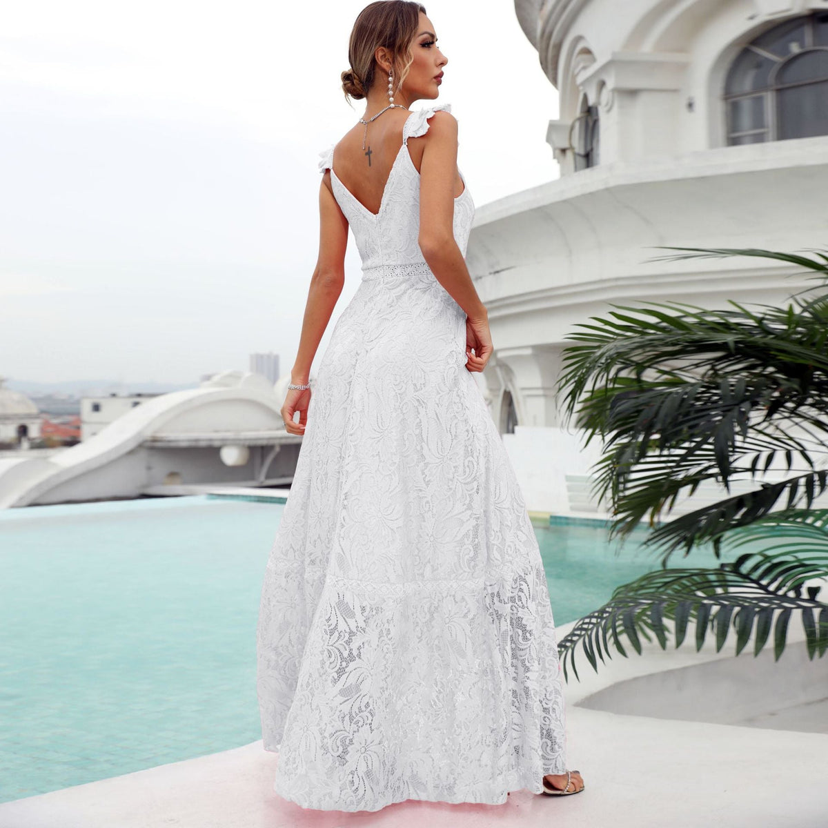 Lace V-Neck Ruffle Strap A-Line Maxi Gown
