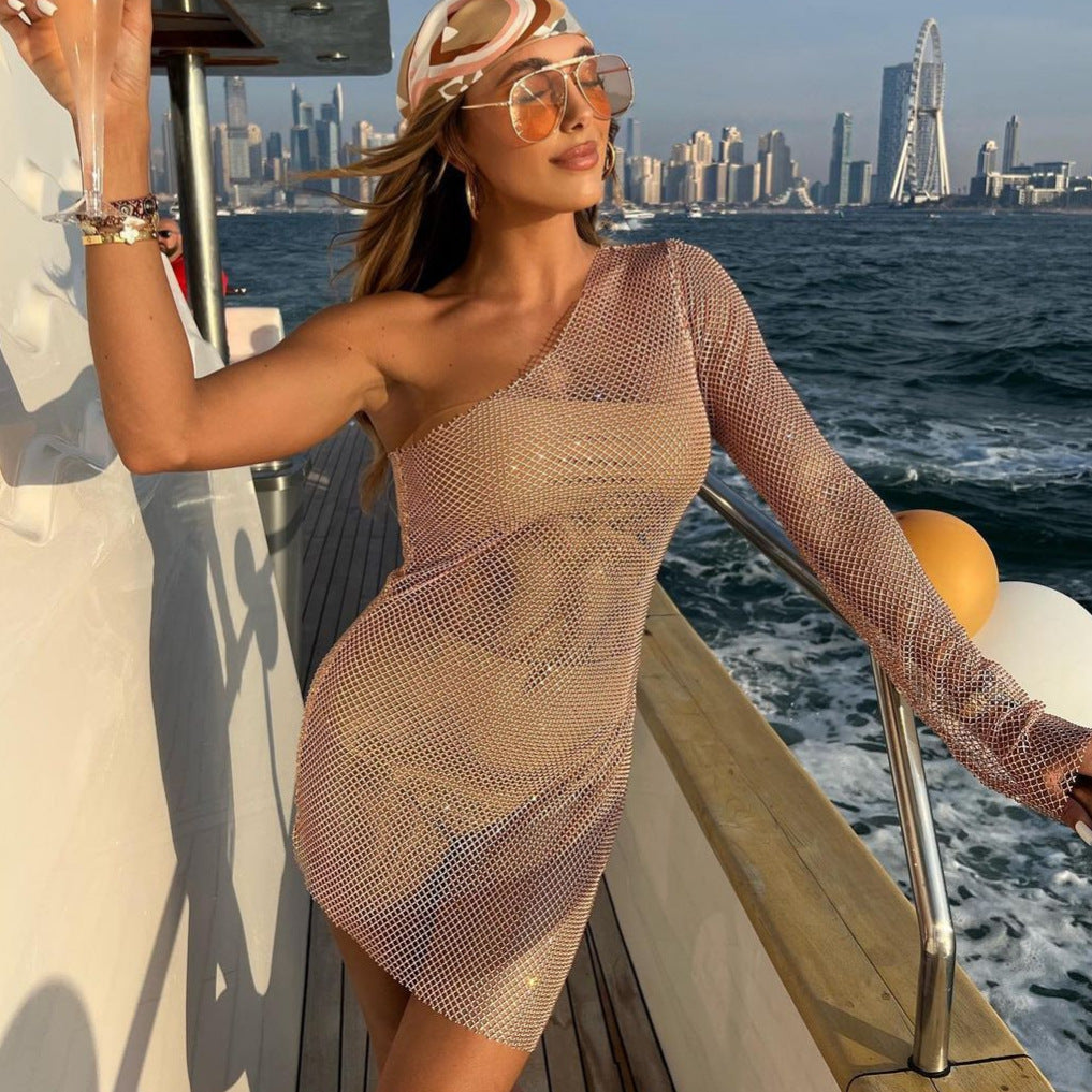 Wear Elastic Mesh Drilling Sloping Shoulder Dress Party Dress for - Fashionpara