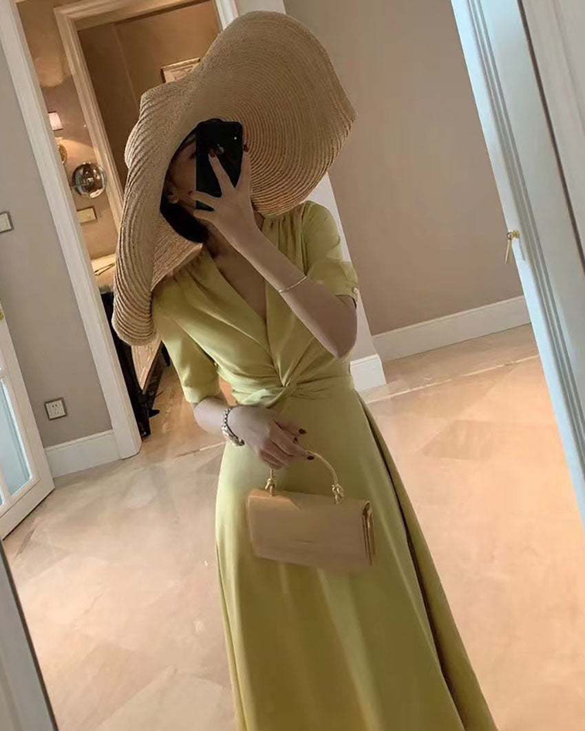 Satin V-neck Short Sleeve Midi A-line Dress - Fashionpara