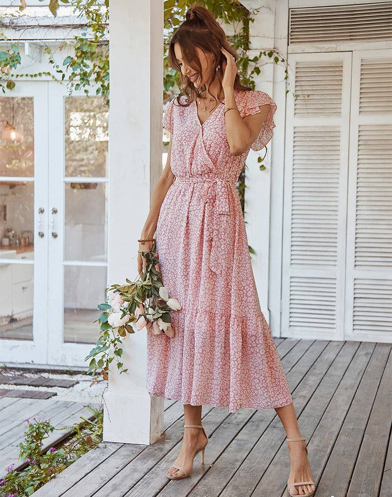 Floral Print V-Neck Flutter Sleeve Wrap Midi Dress