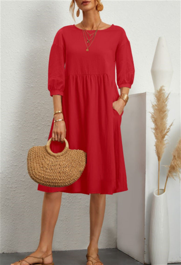 Crew Neck Puff Sleeve Pocket Babydoll Midi Dress