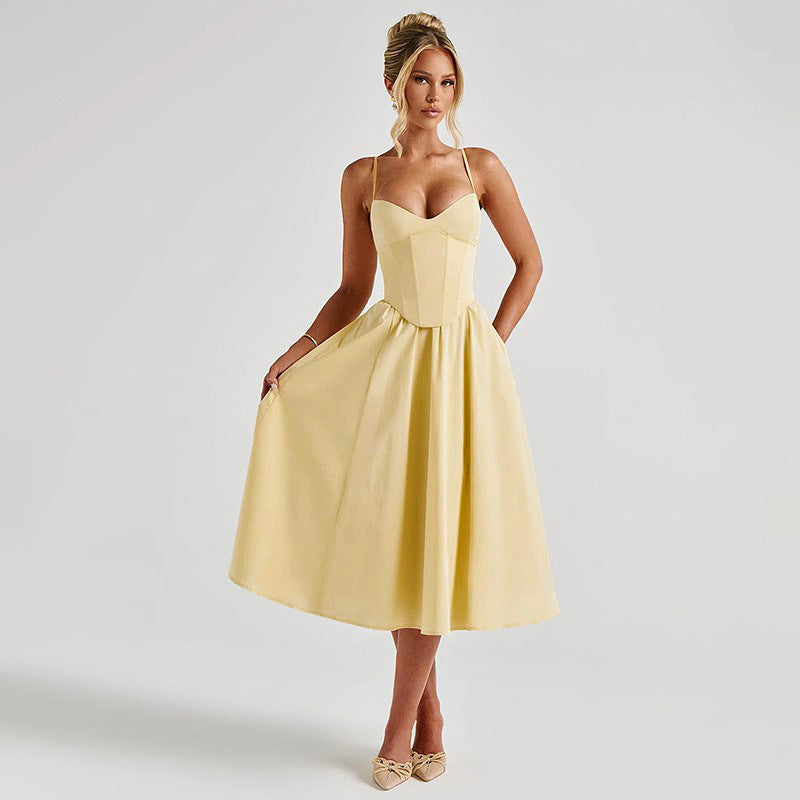 Satin Sweetheart Corset Full-Skirt Midi Dress 5