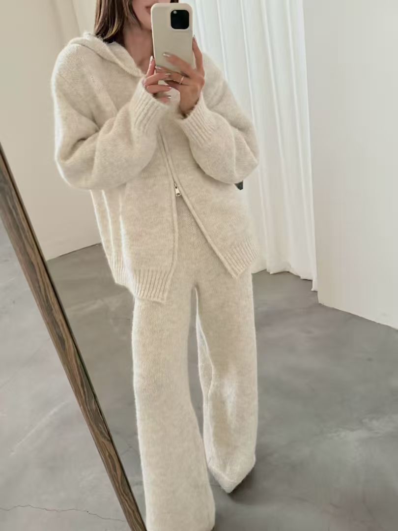 Thick Knit Hooded Cardigan and Wide-Leg Pants Set