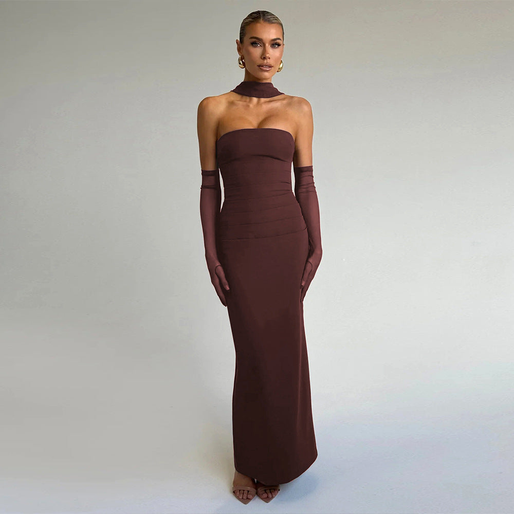 Strapless Choker-Neck Ruched Bodycon Maxi Dress