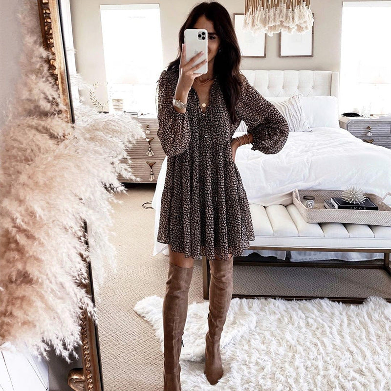 Printed V-Neck Long Sleeve Tiered Mini Dress