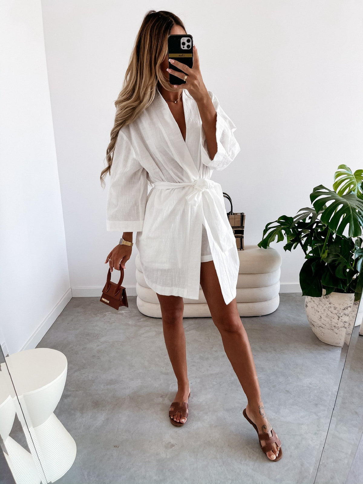 Linen V-Neck Tie Waist Wrap Mini Dress