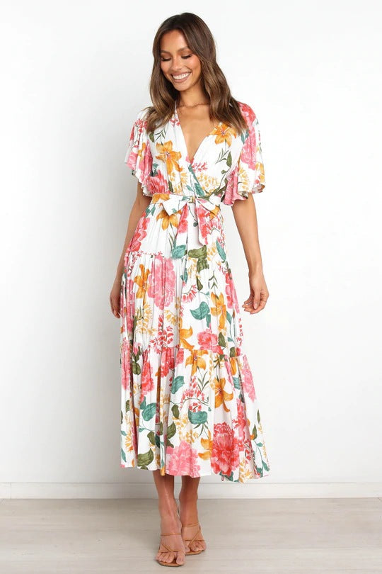 Floral Print V-Neck Flutter Sleeve Tiered Midi Dress 5