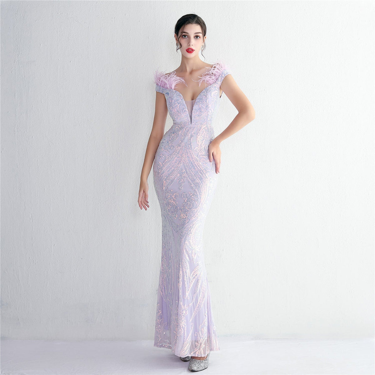 Off Shoulder Feather Deep V-Neck Sequin Mermaid Gown - View 7